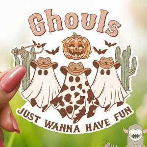 Ghouls Just Wanna Have Fun Vinyl Sticker, Waterproof, Window Sticker, Car Sticker, Water bottle decals, Western Ghosts, Halloween Stickers, Cowboy Ghost, Spooky Season, Cow Print, Cactus