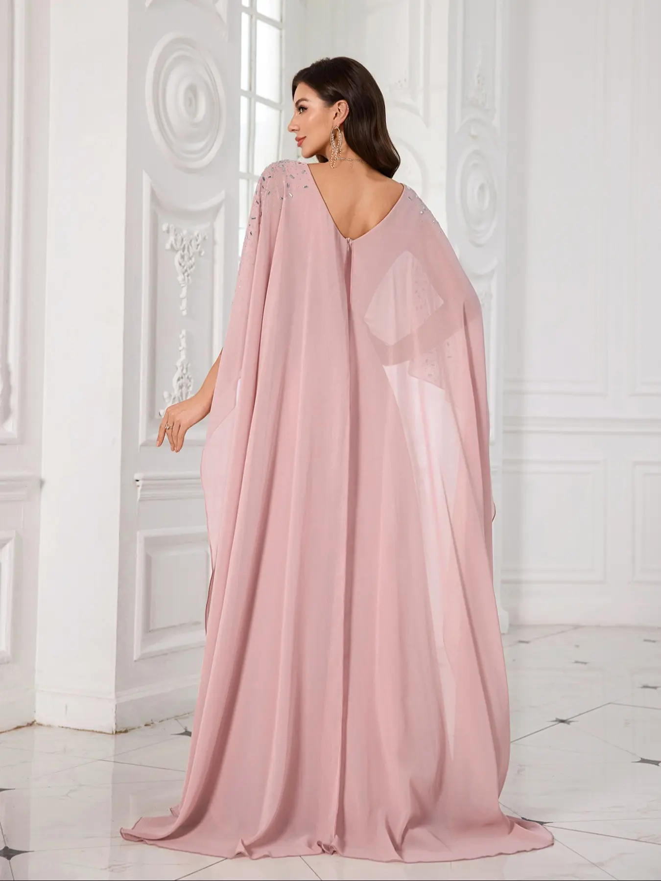 Elegant V Neck Rhinestone Batwing Sleeve Soft Chiffon Fabric Formal Maxi  Dress, Fitted Ruched Waist Diamond Strip Design, Womenswear Perfect  Bridesmaid Evening Gown - TikTok Shop