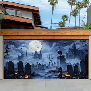18ft x 9ft Large Halloween Garage Door Decoration Tapestry - Haunted Graveyard Scene with Angels Theme, Easy Hang Polyester Holiday Festive Decor for Villas and Warehouses, No Power or Battery Needed