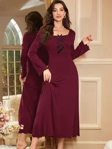 Elegant Women's Long Sleeve Round Neck Fitted Sleepwear, Breathable A-Line Basic Nightgown, Pure Color Outer Wear, 1 Piece Set, Womenswear