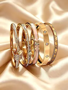 5-Piece Luxury Stainless Steel Bangle Set, Synthetic Zircon Embedded, Waterproof Unisex Party Bracelets, Perfect for Daily Wear and Gifts, High Quality Bracelet