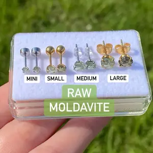 Raw Moldavite Earring Studs - Genuine Czech Republic Moldavite Studs in Mini Small Medium Large Sizes - Hypoallergenic Surgical Steel - Secure & Comfortable - Choose Silver Gold or Back Style