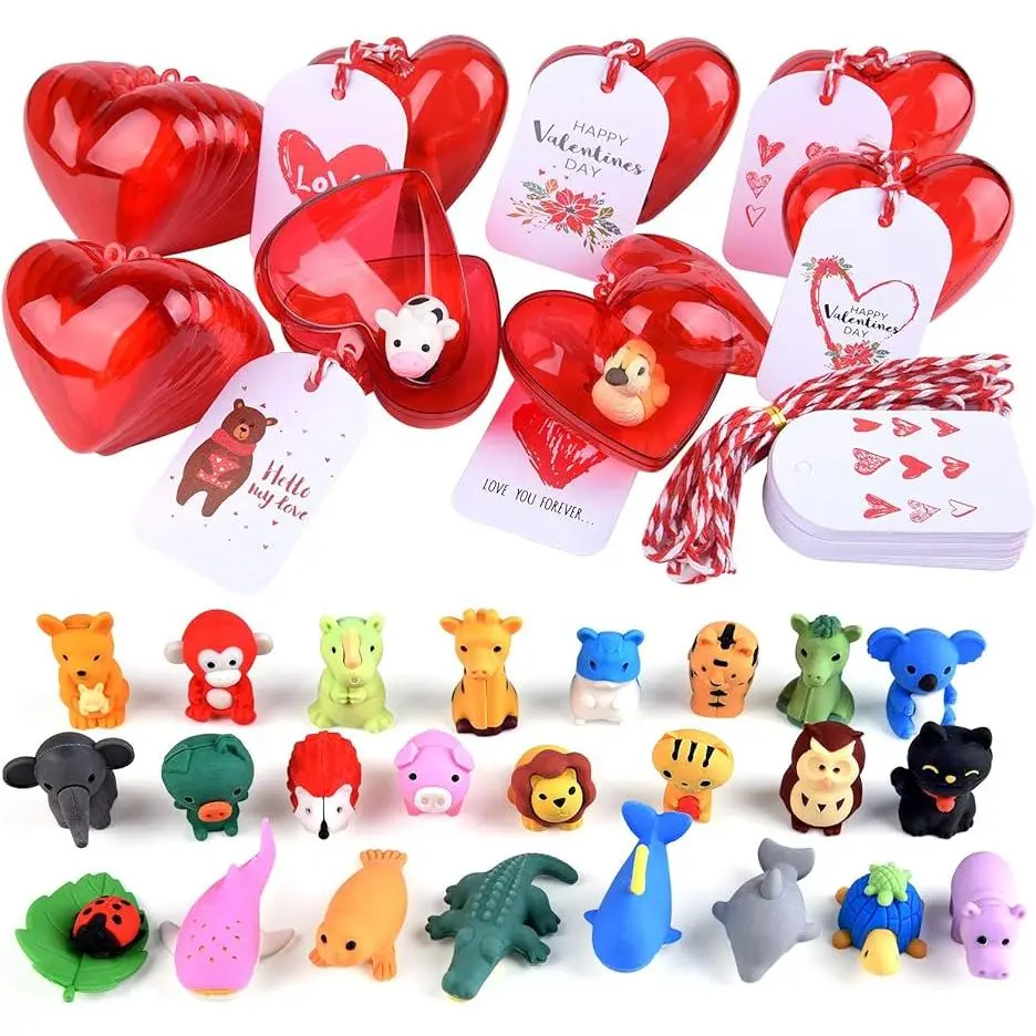30-Piece Animal Shape Puzzle Erasers Set - Panda & Monkey Designs, Eco-Friendly, 1.3Inch - 2.1Inch & 1.7x2.6inch Sizes, Heart Boxes, Valentine Cards, Valentine Treats, Class Exchange Party Gifts