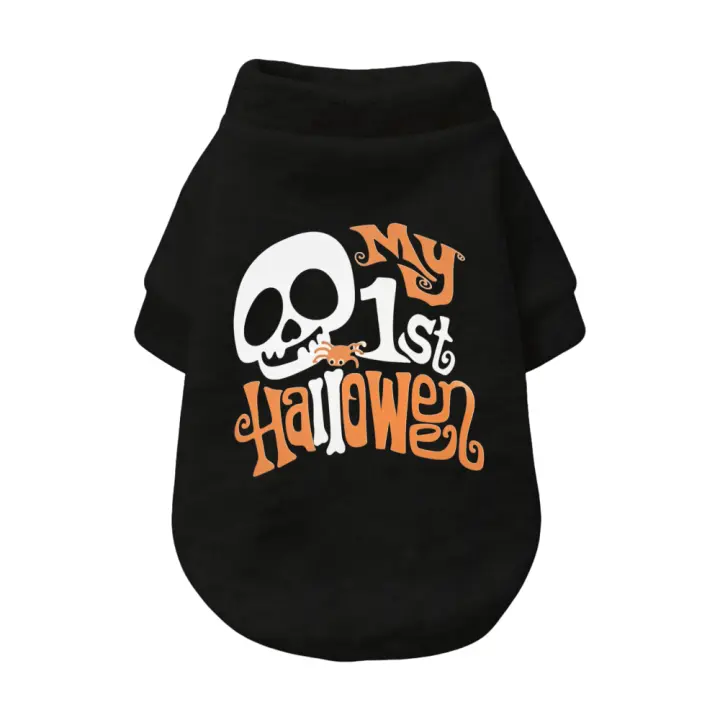 My 1st Halloween Dog Shirt, Cute Skull Spider Puppy First Halloween Outfit, Black Pet Tee For Small Dogs