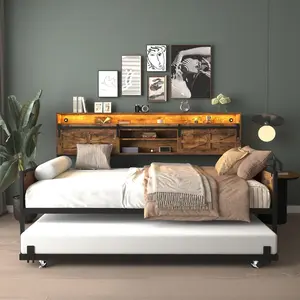 Twin Daybed with Trundle, Heavy Duty Twin Bed Frame with RGB LED Lights & Charging Station, Day Bed Pop Up Trundle Bed Twin for Living Room,Bedroom and Guest Room– Rustic Brown