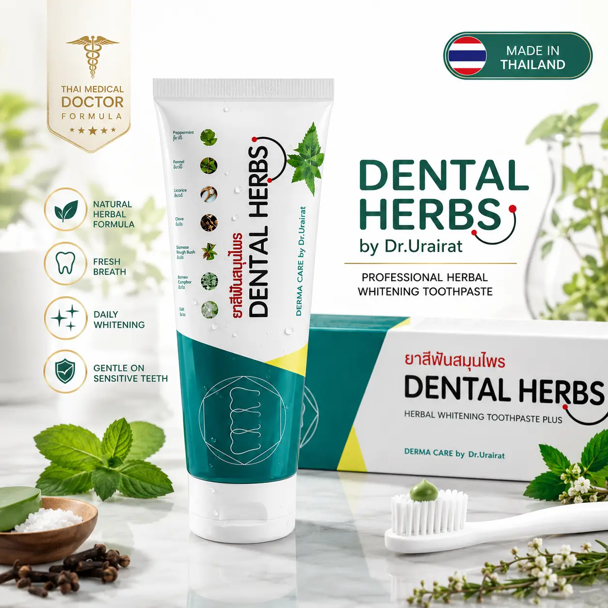 Dr. Urairat Derma Care Premium Herbal Whitening Toothpaste Plus - 80g Natural Mint Formula, Fresh Breath, Plaque & Tartar Control, Gentle Daily Oral Care for Sensitive Teeth
