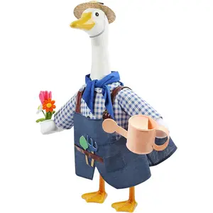 GJL Gardener Porch Goose Outfit Fits 23 Inch Cement Plastic Goose Statue, 2-Piece Porch Goose Clothes with Hat, Tools, Scarf, Watering Can & Flower Pot Design for Spring Summer Outdoor Garden Decor