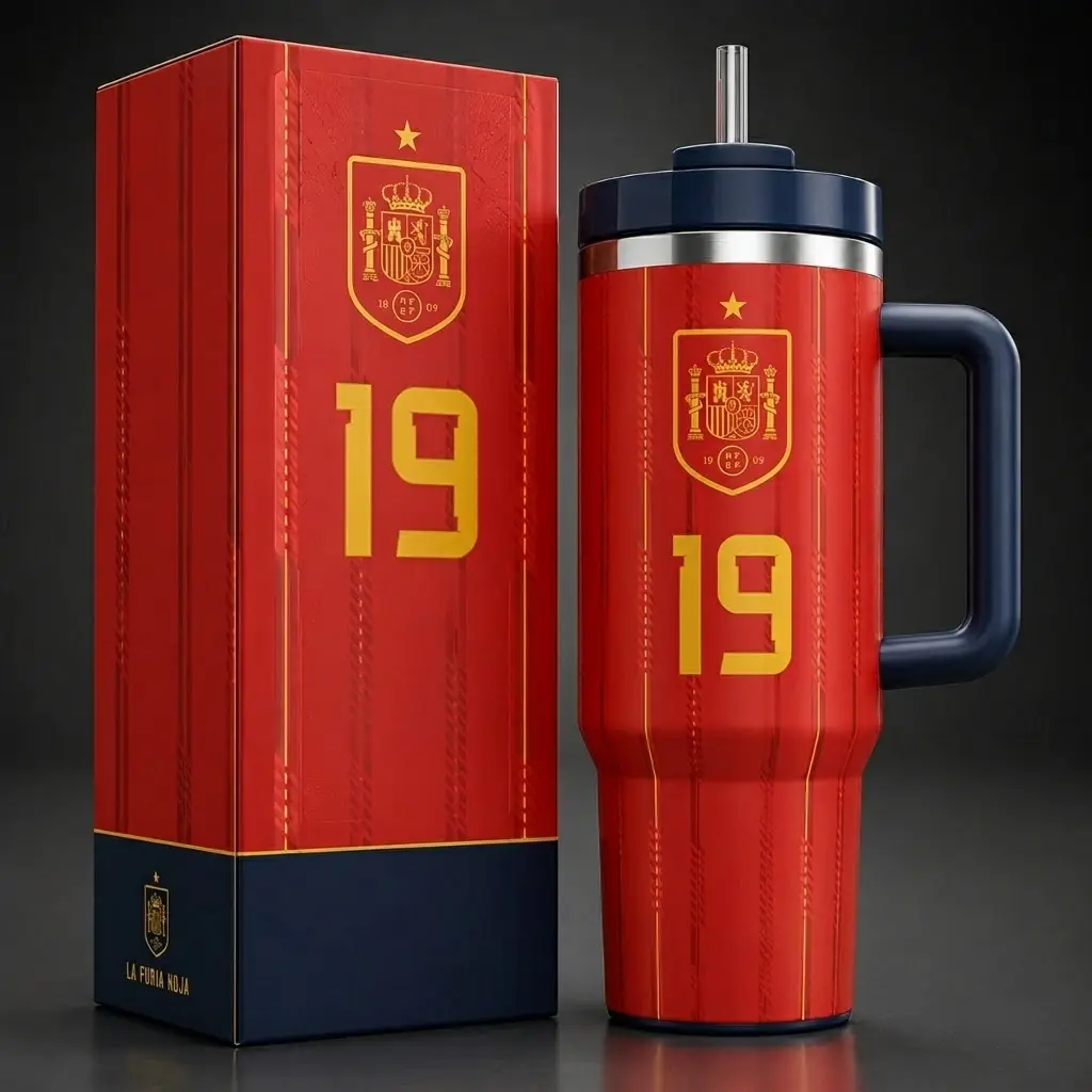 Lamine Yamal 19 Spain 40oz Tumbler with Handle & Straw, Spain Soccer Away Style Insulated Stainless Steel Travel Mug, Football Fan Gift, Blue Black Championship Drinkware