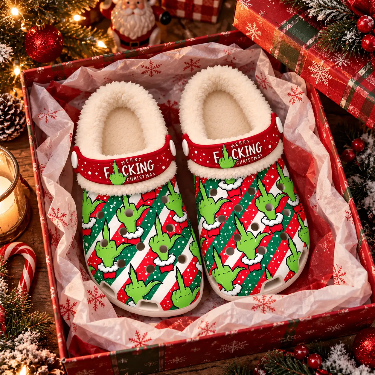 Funny Christmas Fuzzy Clogs, Merry Fcking Christmas Green Hand Print Slippers, Plush Lined Winter Holiday Clogs, Cozy Indoor Outdoor Slip On Shoes, Xmas Gift for Men Women