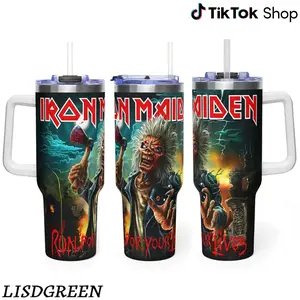 [Made in US] Iron Maiden 40oz Tumbler With Handle - Insulated Stainless Steel Travel Mug, Heavy Metal Fan Gift, Rocker Fan Lover
