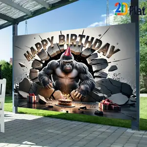 2D Flat Banner Wall Decor 1pc - Birthday Party Gorilla and Cake Pattern Banner, suitable for photo booth studio props, room decoration, wall decoration, birthday party decoration, photography studio props, birthday and festival decoration banner