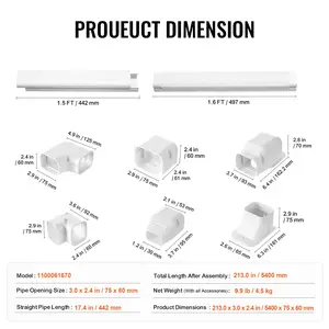 VEVOR Mini Split Line Set Cover 3-inch W 17.7Ft L, PVC Decorative Pipe Line Cover For Air Conditioner with 10 Straight Ducts Full Components Easy to Install, Paintable for Heat Pumps, White