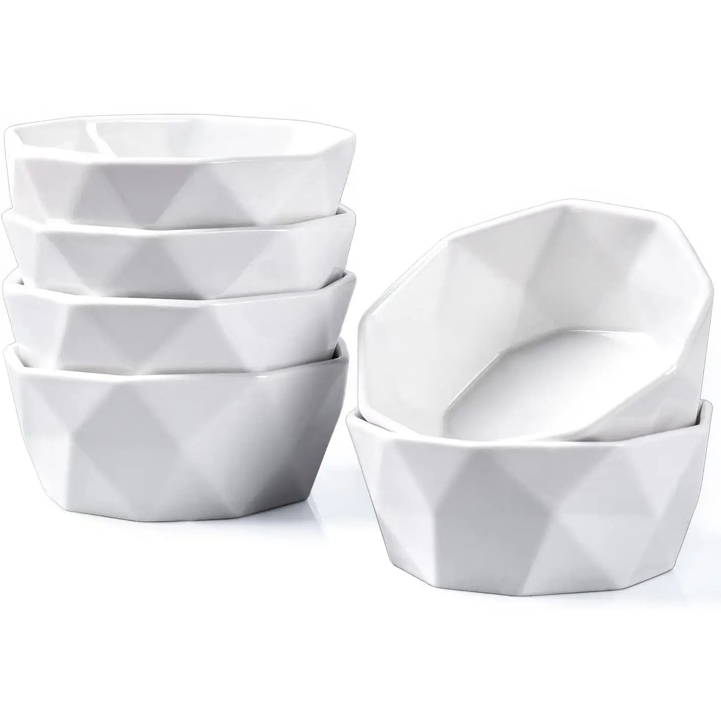 8 Oz Ramekins Set of 6, Porcelain Creme Brulee Ramekins Oven Safe, Geometric Souffle Dishes for Baking Dessert Ice Cream, Ceramic Charcuterie Bowls Dishwasher Microwave Freezer Safe, White