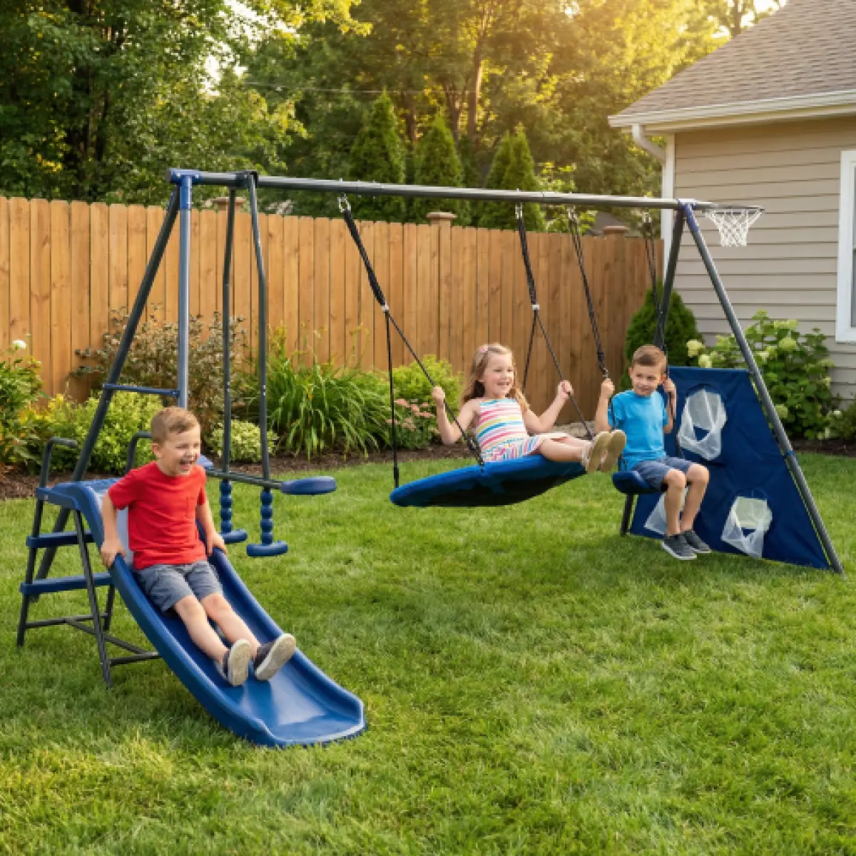 Aobtkel 6 in 1 Kids Swing Set 31.5" Net Swing + Face-to-Face Seats + Slide + Glider Heavy Duty 440lbs Steel Frame Outdoor Playset Playground Equipment for Backyard Garden Toddlers Children Age 3+ Boys Girls Grey Blue Easy Assembly Summervibe Gift Columpio
