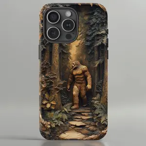 Bigfoot in the Woods 3D Hand-Carved Wood Effect Phone Case - UV Printed, Rustic Forest Design , Phone Accessory for ip 11 12 13 14 15 16