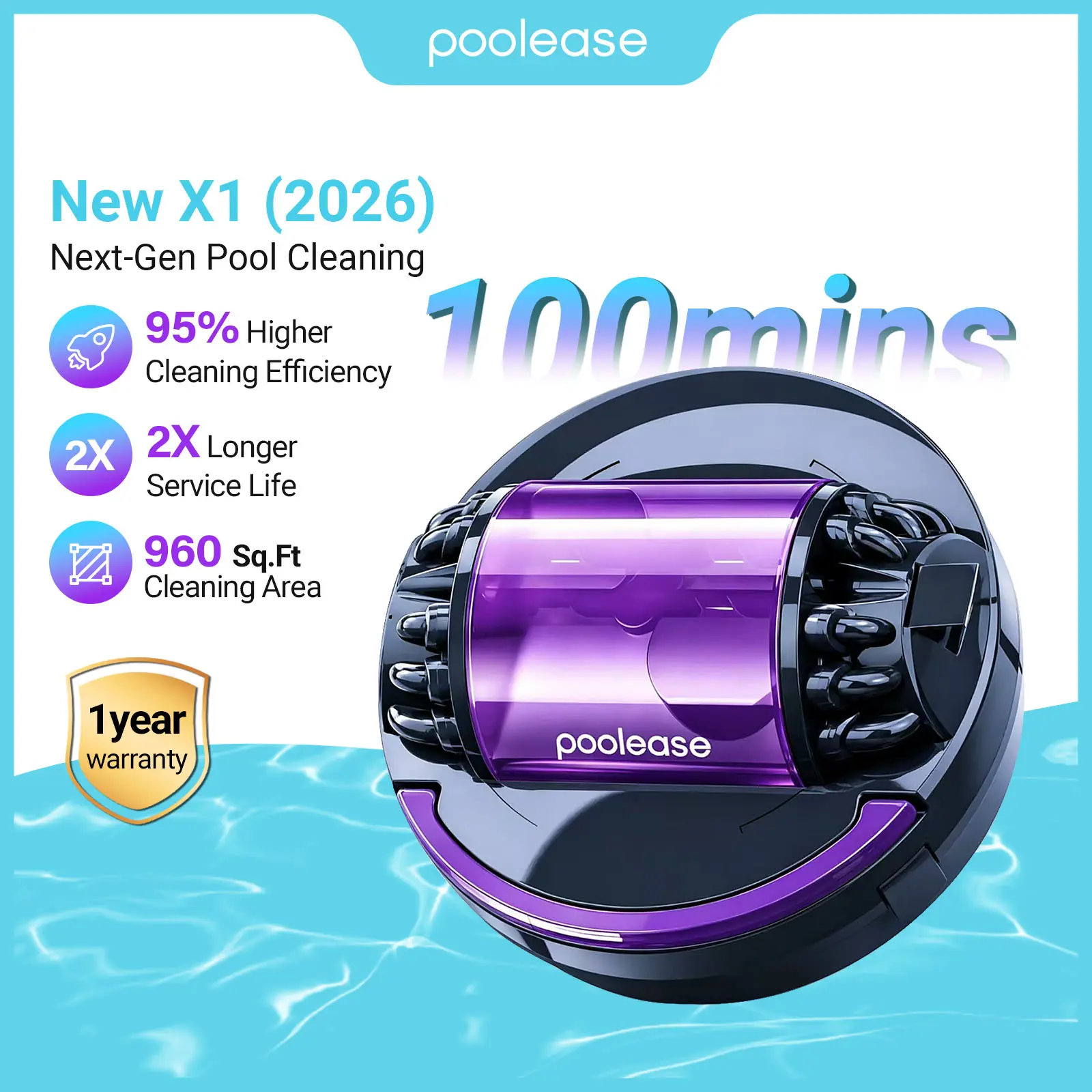 Poolease X1 Robotic Pool Vacuums for Above/Flat In-Ground Pools up to 960 Sq.Ft with 100 Min Runtime, Auto Park Cordless Pool Cleaner with Dual-Motor 2L Capacity, Ideal for Home Pool