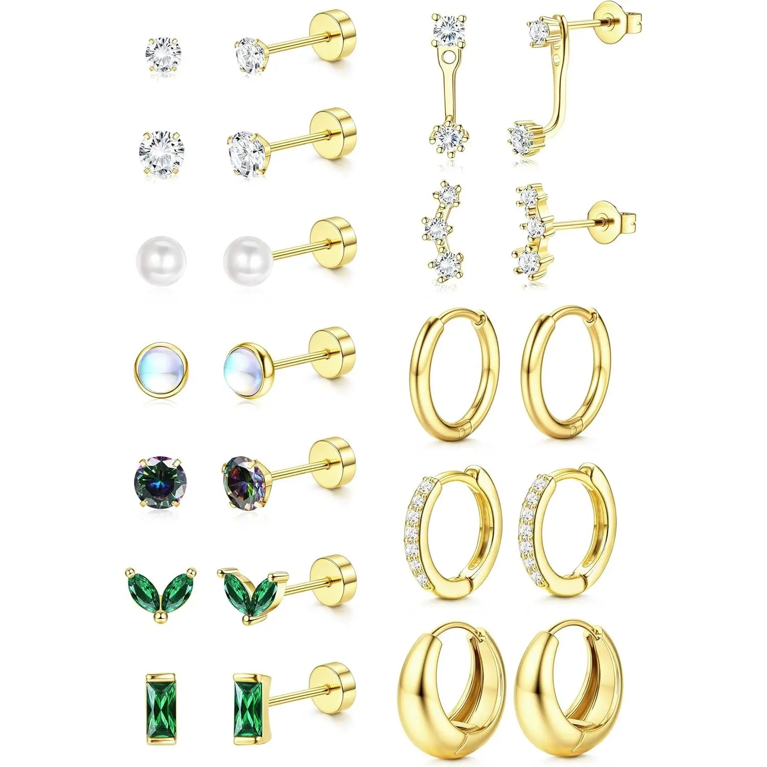 Flat  Earrings - 14K  Plated Cartilage Earring Sets for Multiple , 20G Surgical Stainless Steel Earrings for Women, Small Hoop Flatback Stud Earring Stacks