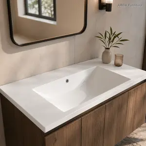 Glossy White Integrated Engineered Quartz Bathroom Sink (ARCH BB0248Y101H) - Overflow, Seamless Design, No Drain Included, No Faucet Included