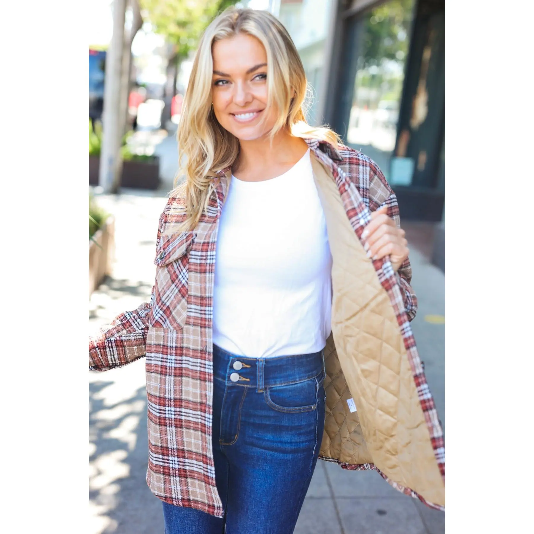 Be You Best Taupe Plaid Quilt Lined Button Down Shacket