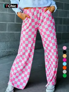 Women's Plaid Print Pocket Elastic Waist Straight Leg Pants, Casual Streetwear Pants, Casual Comfy Trousers for Daily Wear, Ladies Bottoms for All Seasons