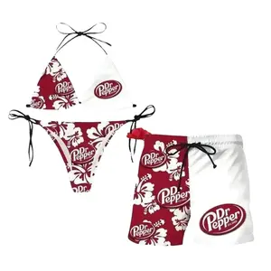 [HOT 2026] D.r Pep.per Floral Bikini & Trunk Set for Summer Vacation, Matching Couples Swimsuit Set, Honeymoon, Beach Party, Trendy Summer Vacation Outfit