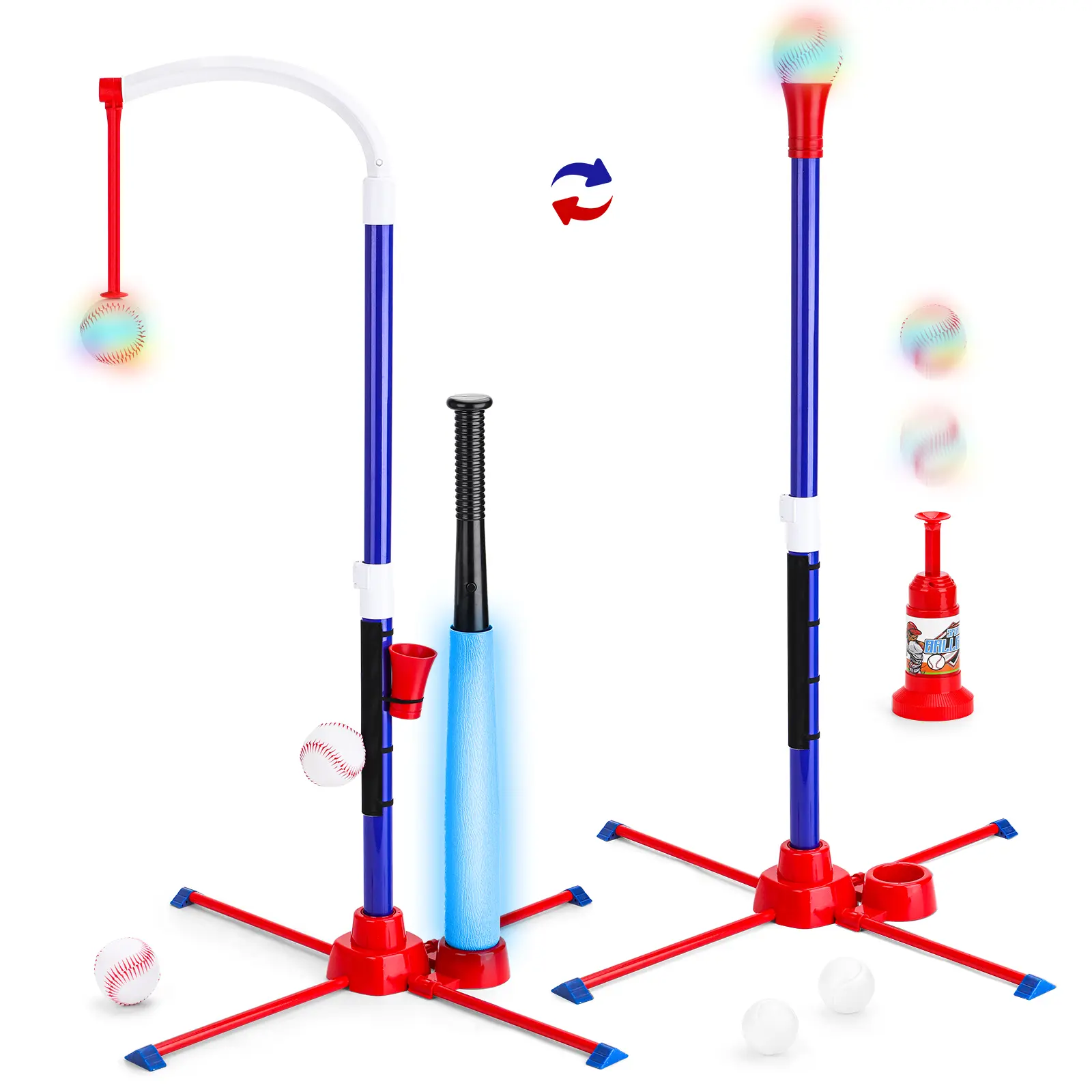 deAO 3-in-1 Baseball Set for Kids Includes Tee Ball Stand, Hanging Tee, Automatic Ball Launcher, and 4 Softballs –LED Baseball Set for Kids  Adjustable Height for Indoor/Outdoor Play – Sports Gift for Boys