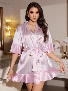 Women's Striped Sleepwear, Elegant Tie-Waist Design, Comfortable Long Bathrobe for Women, Perfect for Relaxing at Home