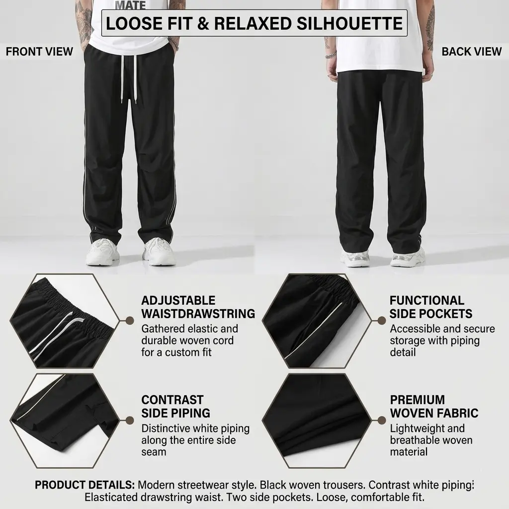 Unisex baggy wide-leg sweatpants; men’s casual athletic pants made from soft fabric with an elastic waistband and drawstring; loose fit with side stripes; breathable, lightweight sports fitness streetwear pants; all-day comfort and versatile for everyday Unisex baggy wide-leg sweatpants; men’s casual athletic pants made from soft fabric with an elastic waistband and drawstring; loose fit with side stripes; breathable, lightweight sports fitness streetwear pants; all-day comfort and versatile for everyday