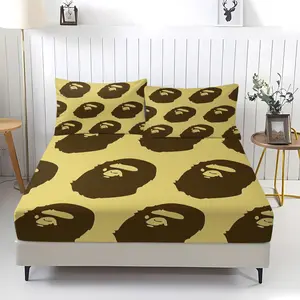 Yellow Brown Monkey Print Fitted Sheet Set, 1 Fitted Sheet + 2 Pillowcases, Minimalist Ape Head Pattern Bedding, Soft Breathable Microfiber Bed Linen for Teens Streetwear Fans, Wrinkle & Fade Resistant