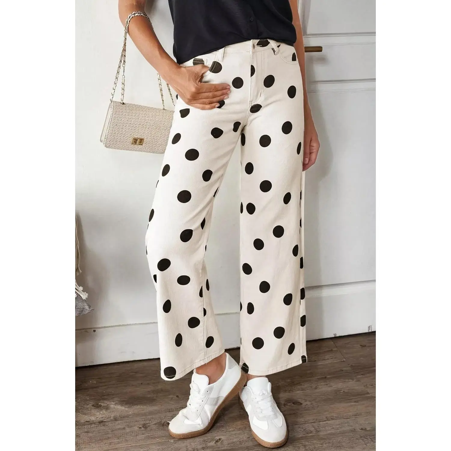 Women's Polka Dot Loose Fit Denim Jean Pants, Casual Wear Bottoms with Comfortable Cut