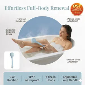 Rechargeable Electric Body Scrubber with 4 Detachable Heads – Waterproof 360 °   Rotating Shower Brush, Dual Grip Long Handle for Easy Back Cleaning & Full Body Deep Cleansing
