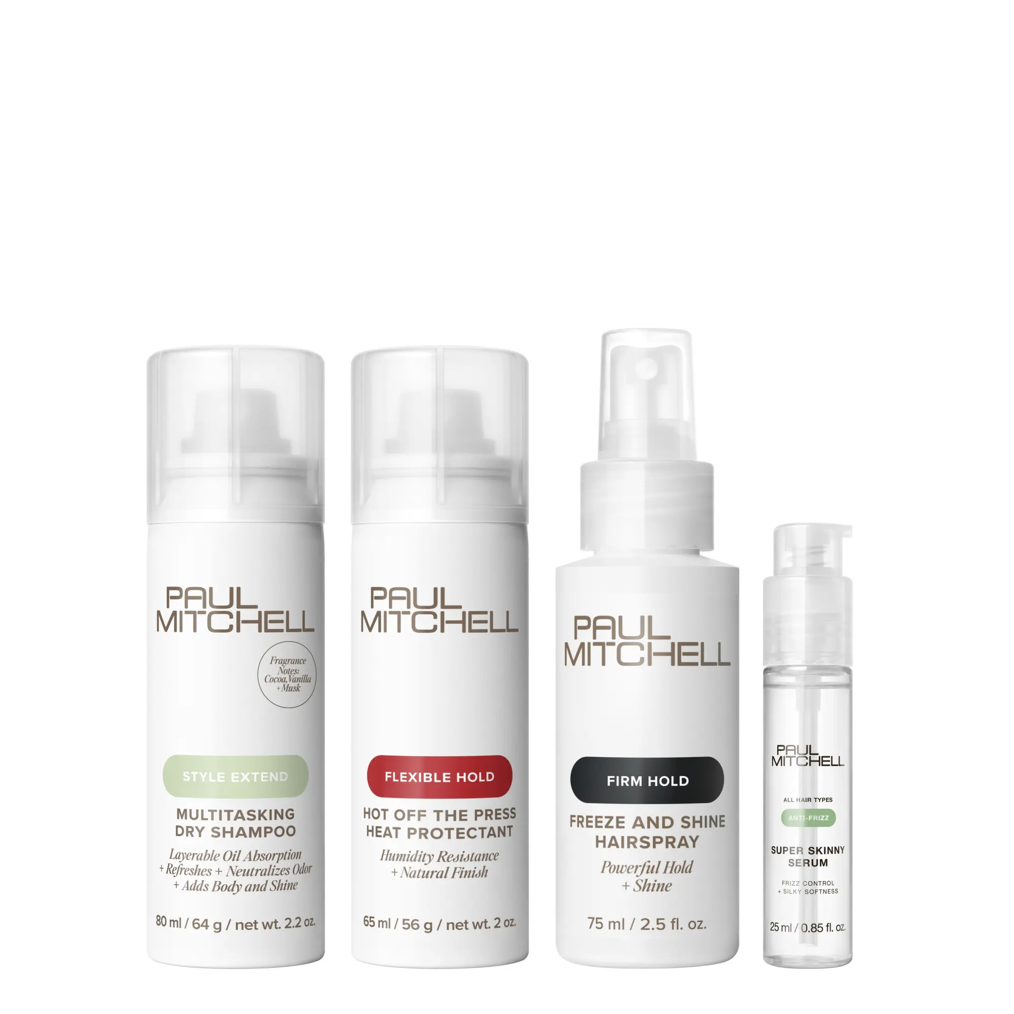 Paul Mitchell Carry-On Travel Hair Heroes – Multitasking Dry Shampoo, Hot Off The Press Heat Protectant, Super Skinny Serum and Freeze and Shine Hairspray