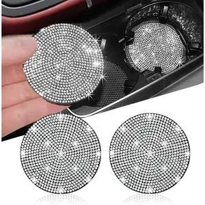 2pcs Bling Car Cup Holder Coaster, 2.75 inch Anti-Slip Shockproof Universal Fashion Coasters Insert Crystal Rhinestone Automotive Interior Accessories for Women (2 pcs, White)