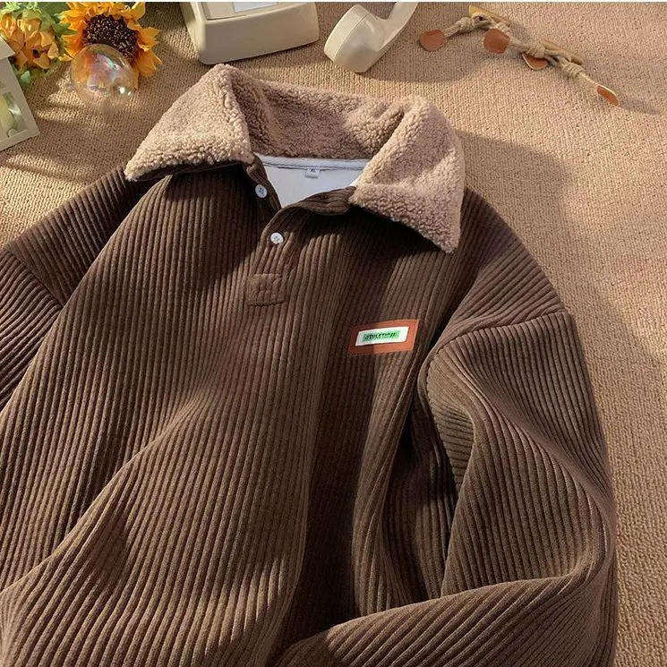 Autumn/winter Fleece-lined Thickened Corduroy Polo Sweatshirt Loose Fit Hong Kong Style Top For Outerwear vintage clothing men