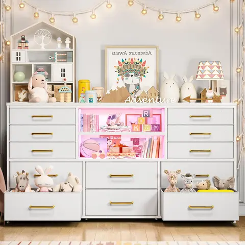 Raybee 12-Drawer Modern Accent Storage Cabinet - Bedroom Dresser with LED Lighting, Power Outlets, Fabric Multi-Drawer Organizer, Sliding Door, Waterproof Surface, Anti-Tip Safety, Sturdy Adjustable TV Cabinet for Bedroom, Living Room, Apartment Furniture