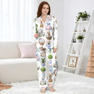 Women's Coquette Easter Bunny Short Sleeve Satin Pajama Set, Chinoiserie Sleepwear, Gift For Mother's Day