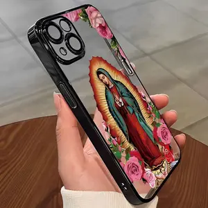 Virgin Mary mobile phone case, adorned with roses and angel design, suitable for iPhone 16, 15, 14, 13, 12 and 11 Pro Max Plus Luxury Shockproof Protection Back Cover Aesthetic Casing