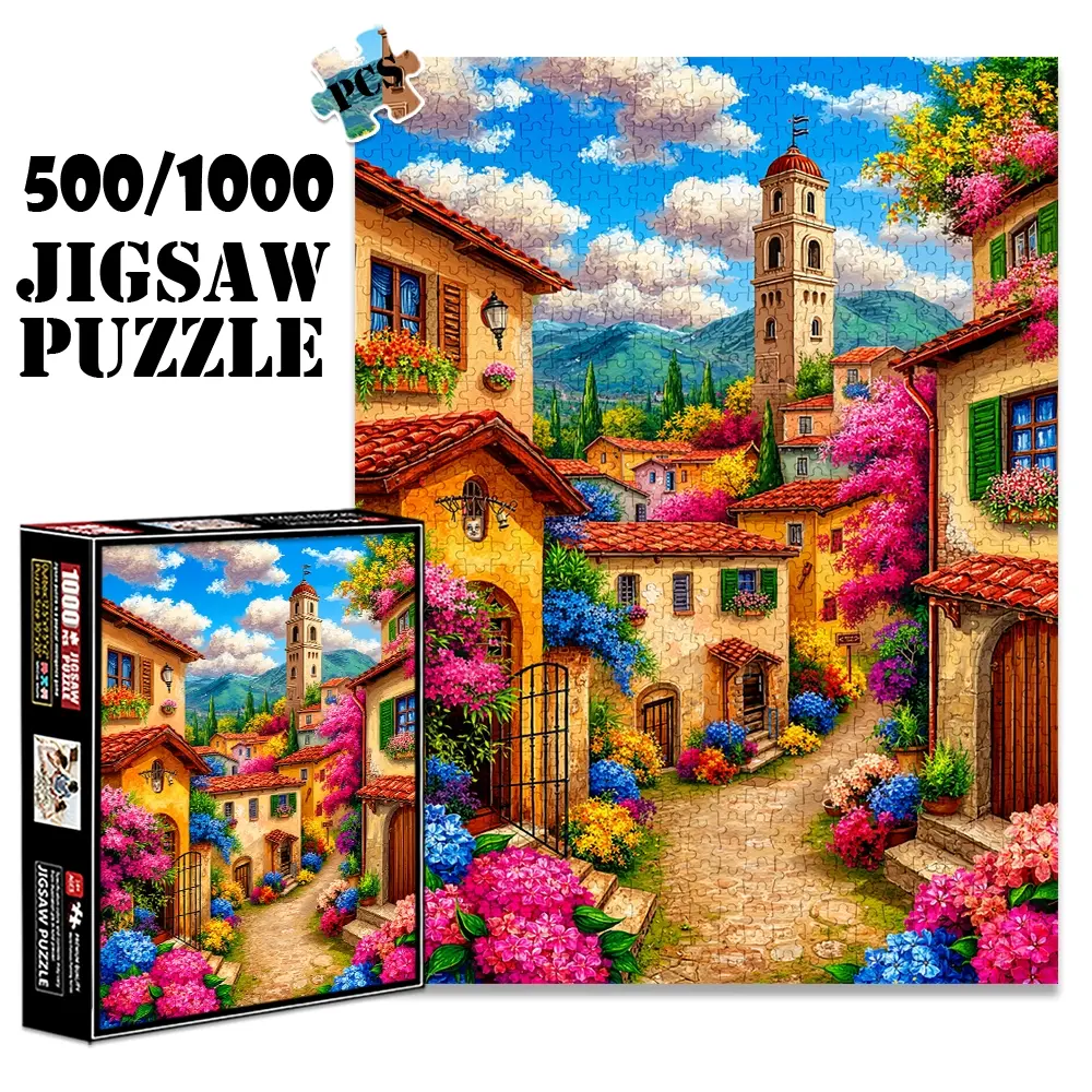 1pc 1000 piece adult puzzle 70x50cm Colorful Village Street with Flower - Adorned Buildings and Bell Tower 500 pieces paper jigsaw puzzle suitable for DIY creative games for adults and families, bi