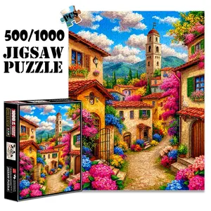 1pc 1000 piece adult puzzle 70x50cm Colorful Village Street with Flower - Adorned Buildings and Bell Tower 500 pieces paper jigsaw puzzle suitable for DIY creative games for adults and families, bi