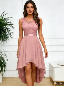 Lace Sleeveless Waist Cinching Dress, Front Short Back Long Ribbon Bow Evening Party Gown, Elegant Lace Cocktail Dress