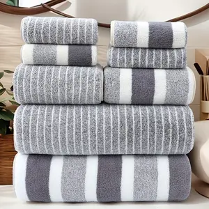 8-piece wide and narrow striped towel set, including 2 hand towels, 2 bath towels, and 4 face towels. This towel set is perfect for outdoor activities, camping, hiking, business use, as well as for spas, foot baths, saunas, and hotels