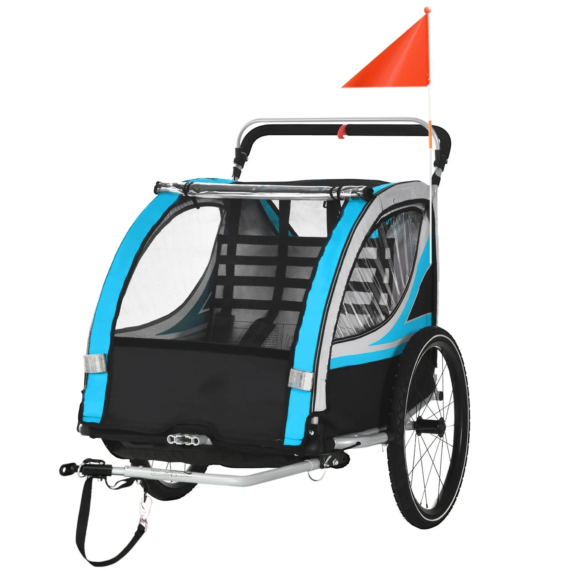 3-in-1 Bike Trailer for Kids – Running Stroller with 2 Seats, Jogging Cart, 5-Point Harness, Storage Units, Flag & Reflectors, Weather-Resistant, for Walking/Riding/Jogging, Blue