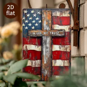 1pc 12×8 In "In God We Trust" Patriotic American Cross Metal Sign, Vintage Christian Aluminum Hanging Wall Decor, Pre-drilled Faith Art for Home, Inspirational Religious Gift