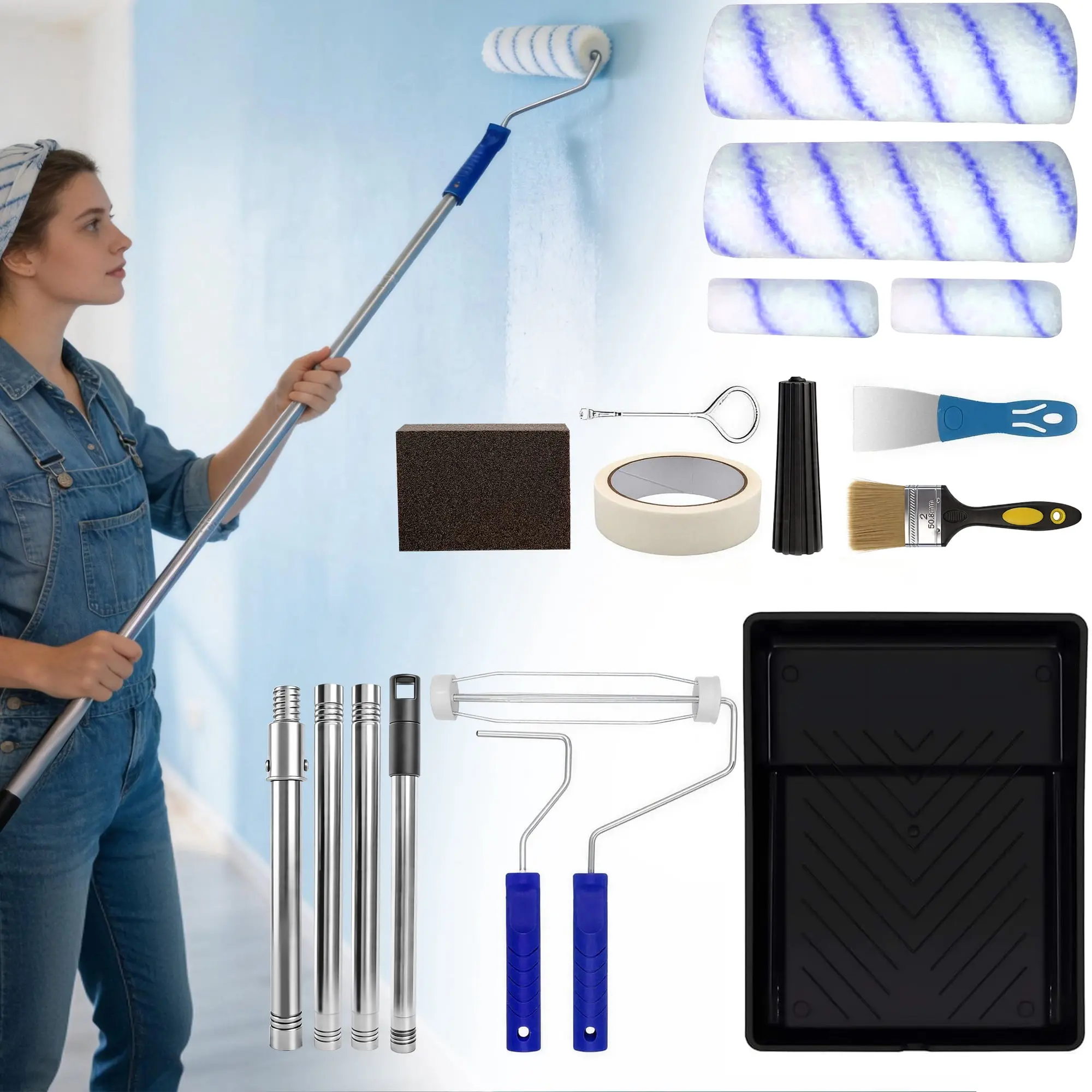 19-Piece Paint Roller & Brush Kit with Extension Pole, Home Improvement Paint Supplies for Indoor/Outdoor House & Wall Colour Application