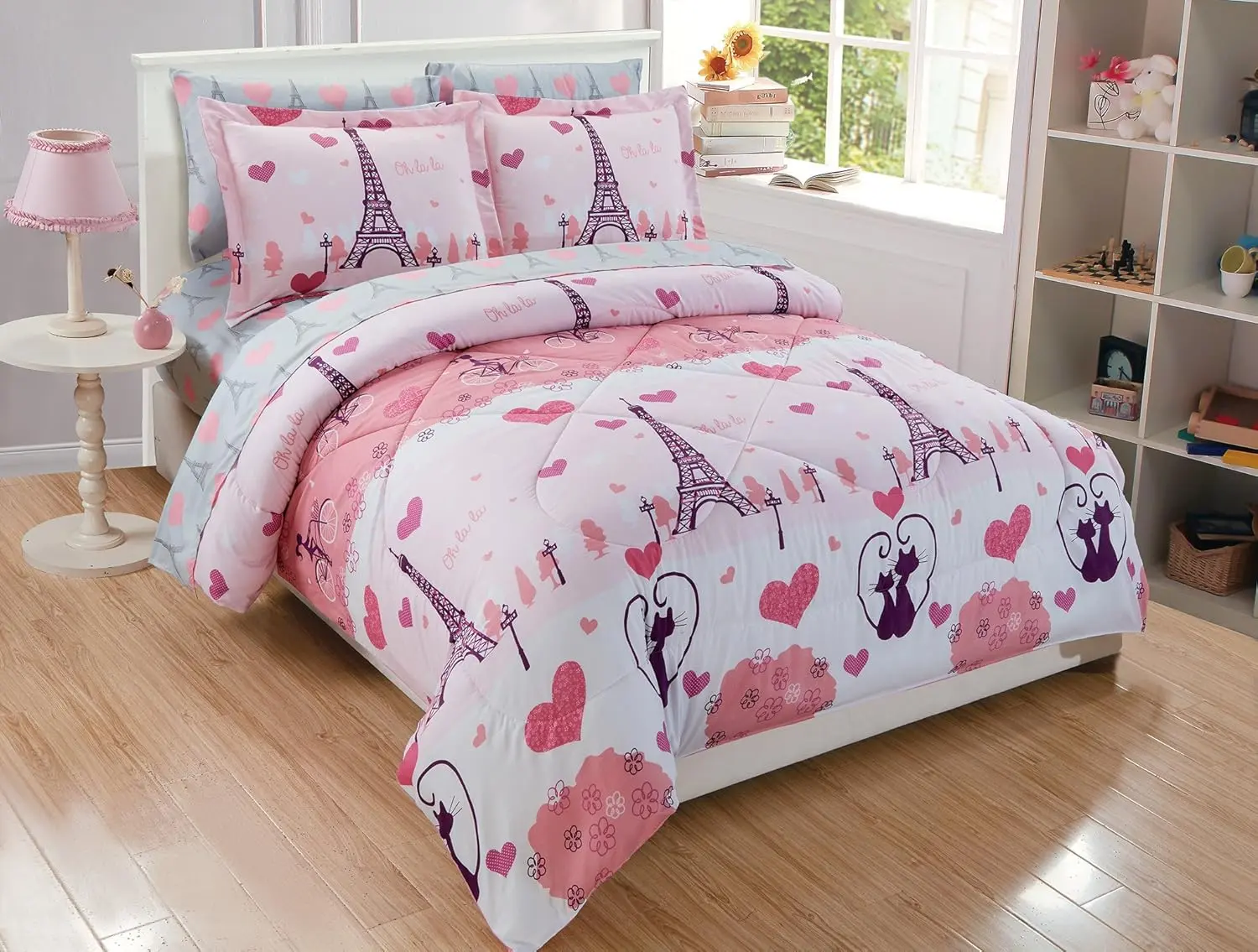 Fancy Linen 7 pc Comforter and Sheet  Set for Girls/Teens Paris Eiffel Tower Hearts Grey Pink  Queen Size New