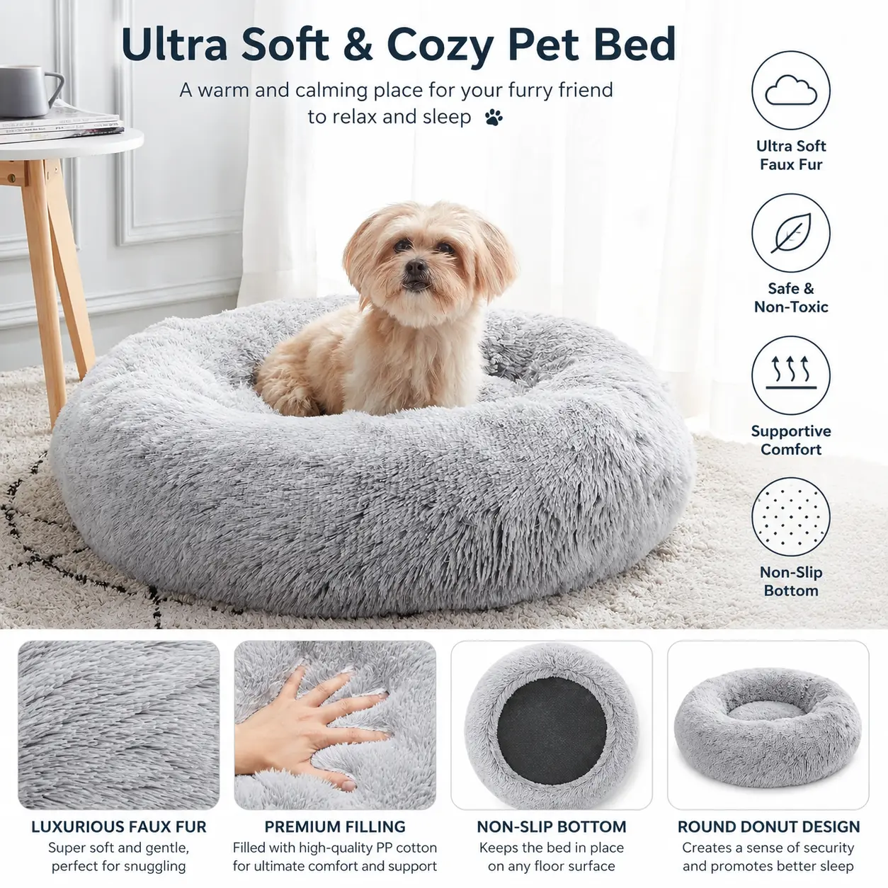 Calming Fluffy Dog & Cat Bed, 20"L x 24"W x 6"H, Soft Faux Fur Round Cuddler Bed with Anti-Slip Bottom, Washable Pet Bed for Small Dogs, Puppies & Kittens, Light Grey