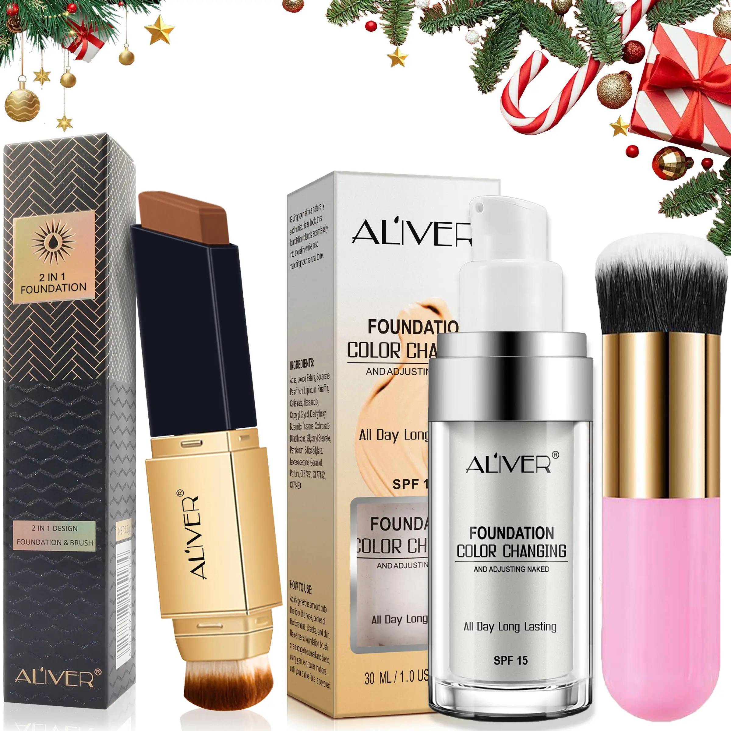 ALIVER facial makeup set, Face makeup set (2-in-1 coffee foundation stick 12G + thermochromic liquid foundation 30ml + makeup brush) soft matte liquid foundation, waterproof and sweat-proof, long-lasting, lightweight Makeup Set