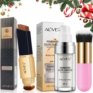 ALIVER facial makeup set (2-in-1 coffee foundation stick 12G + thermochromic liquid foundation 30ml + makeup brush) soft matte liquid foundation, waterproof and sweat-proof, long-lasting makeup, Lightweight, perfect gift for girls