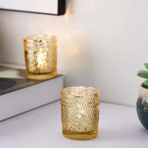 6 Pack Glass Votive Candle Holders in Gold Primrose Design, Votive Tealight Holders