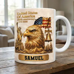 Freedom Eagle Mug 2D Printed 3D Effect Custom Name Ceramic Coffee Cup With United States Of America Gold Patriotic Icons For Family Friends 250th Anniversary Keepsake